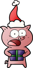 gradient cartoon of a pig with christmas present wearing santa hat