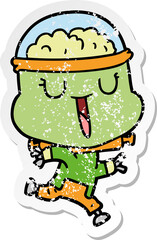distressed sticker of a happy cartoon robot