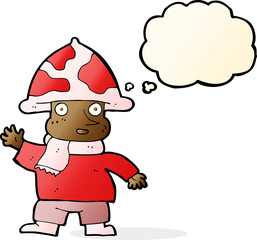 cartoon mushroom man with thought bubble