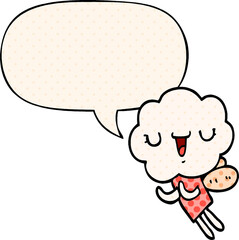 cute cartoon cloud head creature and speech bubble in comic book style