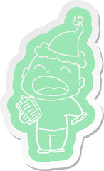 cartoon  sticker of a shouting bald man wearing santa hat