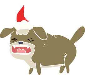 flat color illustration of a dog barking wearing santa hat