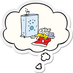 cartoon washing powder and laundry and thought bubble as a printed sticker