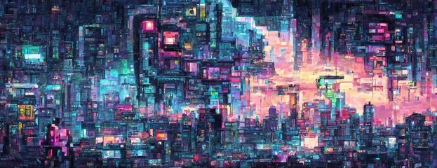 Pixel Cyberpunk neon city night. Futuristic city scene in a style of pixel art. 80's wallpaper. Retro future Generative AI illustration. Urban scene.