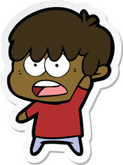 sticker of a worried cartoon boy