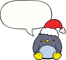 cute cartoon penguin wearing christmas hat and speech bubble