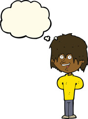 cartoon happy scruffy boy with thought bubble