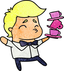 textured cartoon of a kawaii cute waiter
