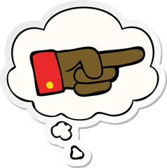 cartoon pointing hand and thought bubble as a printed sticker