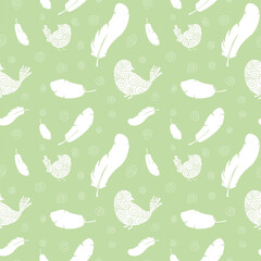 easter seamless pattern with eggs, rabbits, feathers and plants.