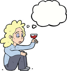 cartoon unhappy woman with glass of wine with thought bubble