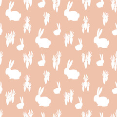 easter seamless pattern with eggs, rabbits, feathers and plants.