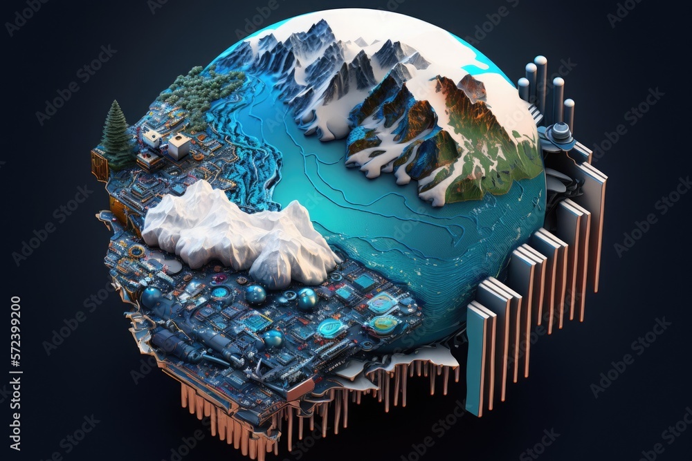 Poster blend between computer motherboard, chip and planet. nature and technology. abstract view, isometric