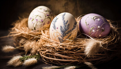 Easter painted eggs on an old wooden table, rustic style, Easter. generative AI