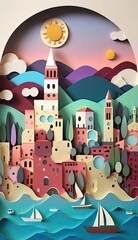 Croatia, paper art collage, layered colored paper, travel background for social media stories, AI generative