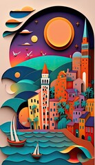 Croatia, paper art collage, layered colored paper, travel background for social media stories, AI generative