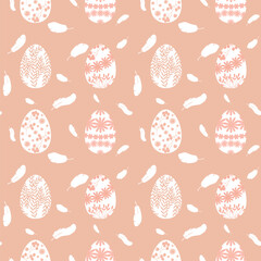 easter seamless pattern with eggs, rabbits, feathers and plants.