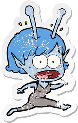 distressed sticker of a cartoon shocked alien girl