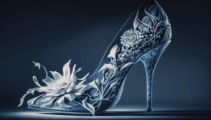 Tuinposter Otnate silver stilettos, high heel shoes with intricate floral ornament. AI generative © Friedbert