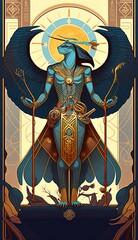 The Egyptian God, Horus – God of Goodness & Light in Ancient Egypt. AI generative illustration, poster, art nuveau style. - obrazy, fototapety, plakaty