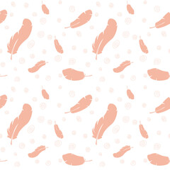 easter seamless pattern with eggs, rabbits, feathers and plants.