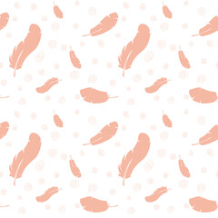 easter seamless pattern with eggs, rabbits, feathers and plants.