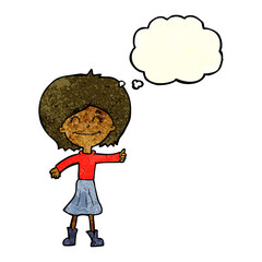 cartoon happy girl giving thumbs up symbol with thought bubble