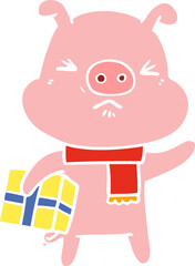 flat color style cartoon angry pig with christmas present