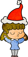 textured cartoon of a indifferent woman wearing santa hat