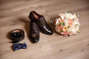 Men's wedding set of groom, shoes, belt, bouquet, bow