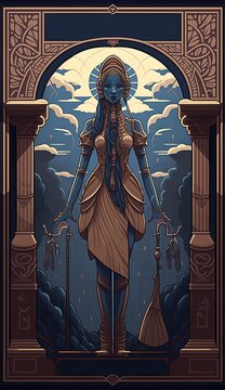 Egyptian Goddesses, Tefnut, AI generative illustration in art nuveau poster style.