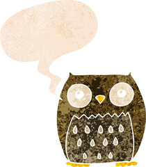 cartoon owl and speech bubble in retro textured style