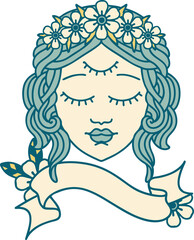 tattoo with banner of female face with third eye