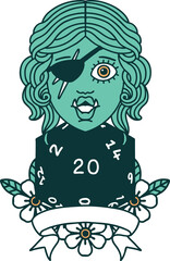 half orc rogue character with natural twenty dice roll illustration