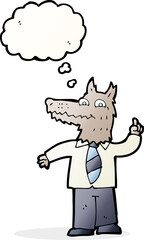 cartoon business wolf with idea with thought bubble