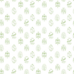 easter seamless pattern with eggs, rabbits, feathers and plants.