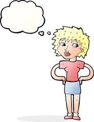 cartoon woman with hands on hips with thought bubble
