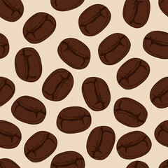 Coffee beans seamless pattern. Illustration of coffee beans in flat style. Repeated dark brown texture. Vector illustration