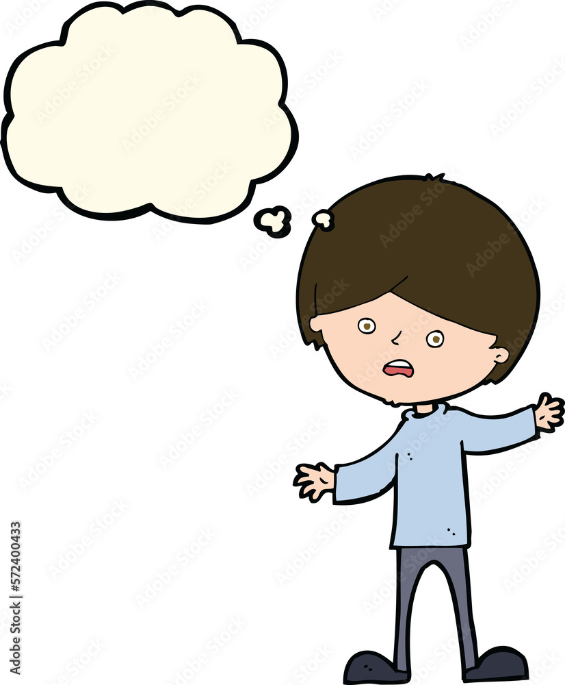 Wall mural cartoon unhappy boy with thought bubble