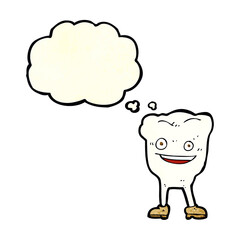 cartoon happy tooth character with thought bubble