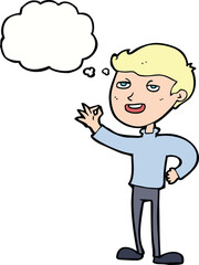 cartoon man making excellent gesture with thought bubble