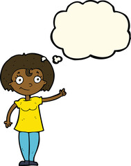 Obraz premium cartoon happy woman pointing with thought bubble