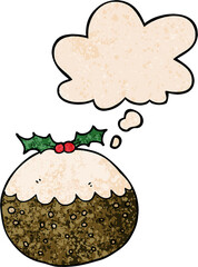 cartoon christmas pudding and thought bubble in grunge texture pattern style