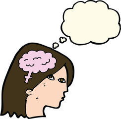 cartoon female head with brain symbol with thought bubble