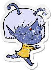 distressed sticker of a cartoon alien girl