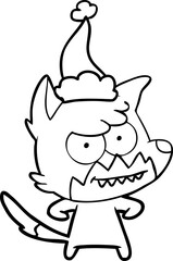 line drawing of a grinning fox wearing santa hat