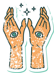 distressed sticker tattoo style icon of mystic hands