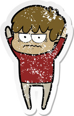 distressed sticker of a annoyed cartoon boy