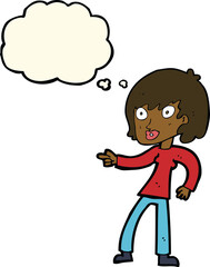 cartoon woman pointing with thought bubble