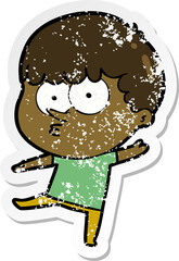 distressed sticker of a cartoon curious boy